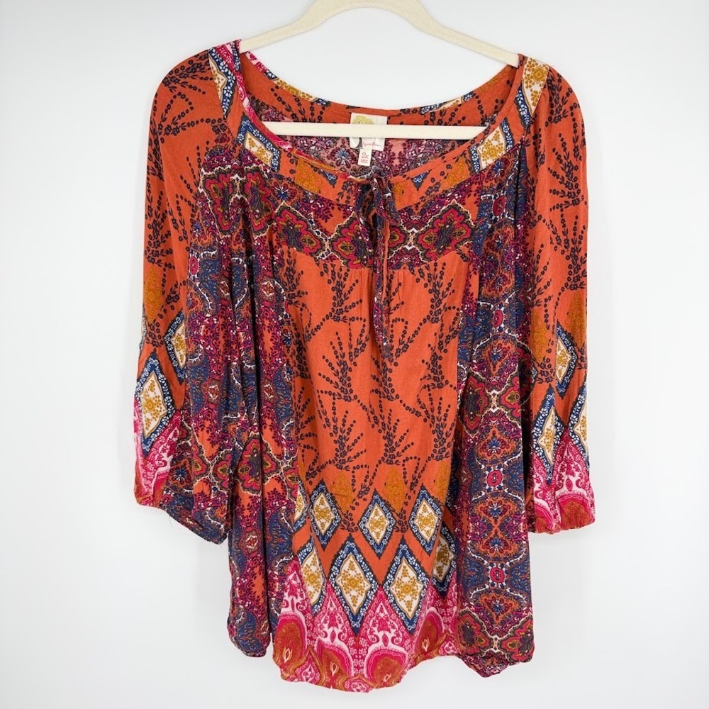 Anthropologie Fig & Flower Boho Peasant Blouse Women Plus Size 2X Orange Paisley